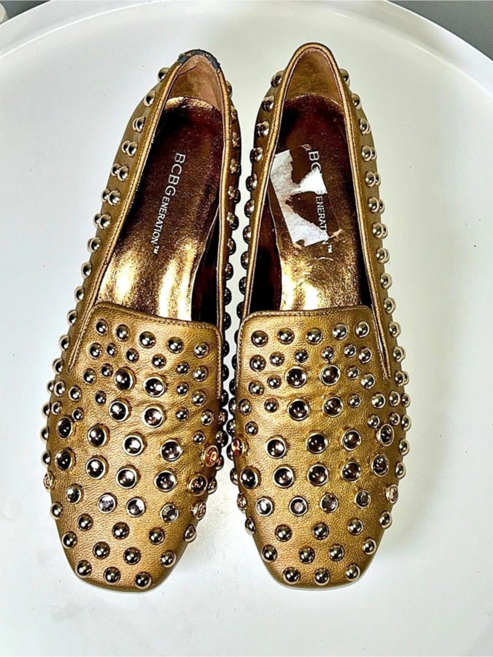 BCBGeneration Gold Studded Embellished Loafers | Size 7.5
